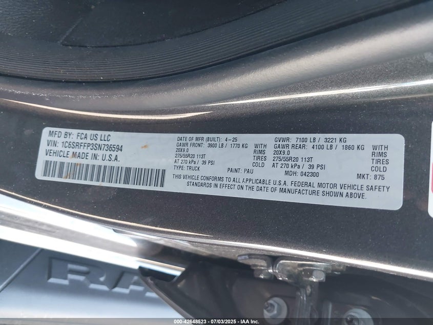 2025 RAM 1500 BIG HORN  4X4 5'7 BOX - 1C6SRFFP3SN736594