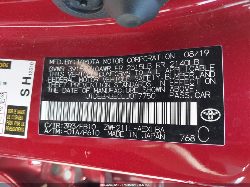2020 TOYOTA COROLLA HYBRID LE - JTDEBRBE0LJ017750