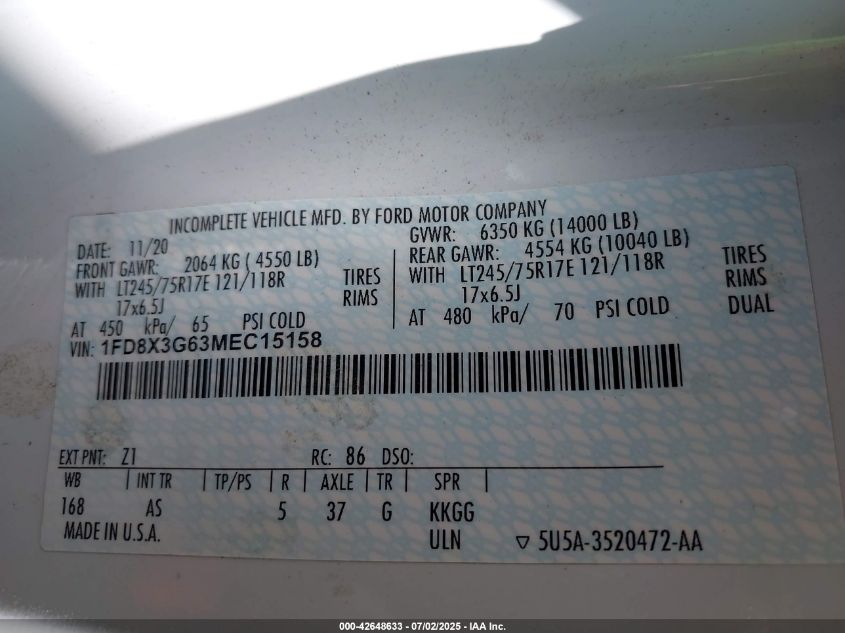 2021 Ford F-350 Chassis Xl VIN: 1FD8X3G63MEC15158 Lot: 42648633