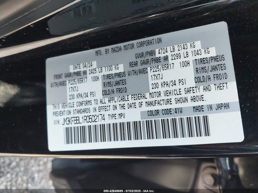 2024 MAZDA CX-5 VIN: JM3KFBBL1R0502174