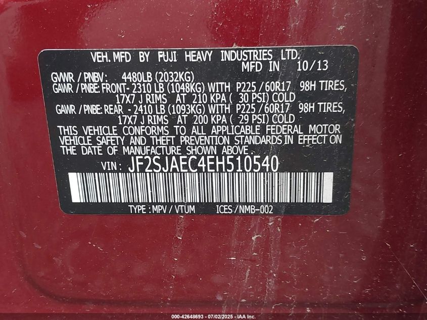 2014 Subaru Forester 2.5I Premium VIN: JF2SJAEC4EH510540 Lot: 42648693