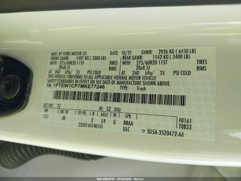 2021 Ford F-150 Xl VIN: 1FTEW1CP7MKE77246 Lot: 42648767