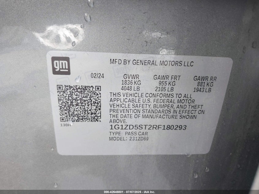2024 CHEVROLET MALIBU VIN: 1G1ZD5ST2RF180293