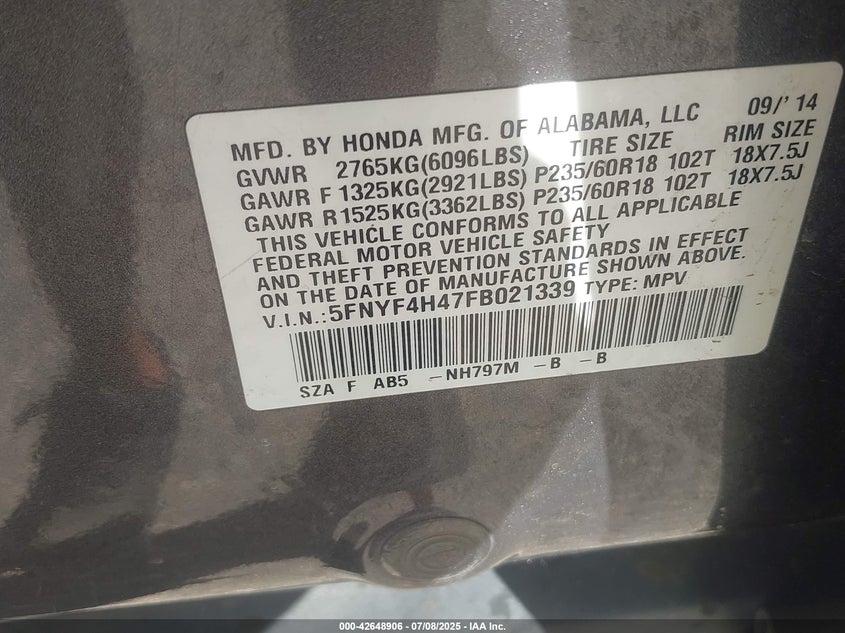 2015 Honda Pilot Ex VIN: 5FNYF4H47FB021339 Lot: 42648906