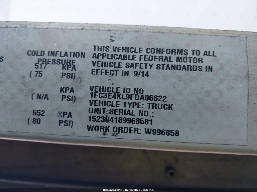 2015 Ford E-450 Stripped VIN: 1FC3E4KL9FDA06622 Lot: 42649019