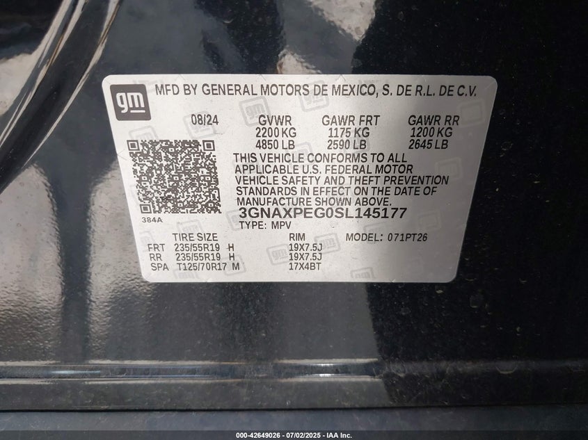 VIN 3GNAXPEG0SL145177 2025 CHEVROLET EQUINOX AWD LT