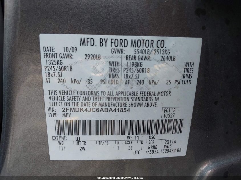 2010 Ford Edge Sel VIN: 2FMDK4JC6ABA41854 Lot: 42649030