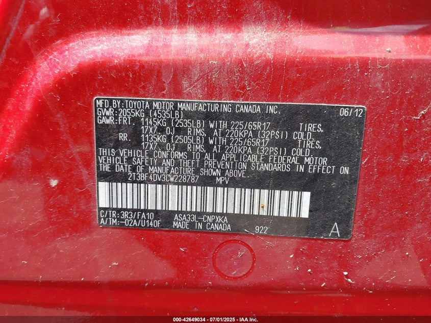 2012 TOYOTA RAV4 VIN: 2T3BF4DV3CW228787
