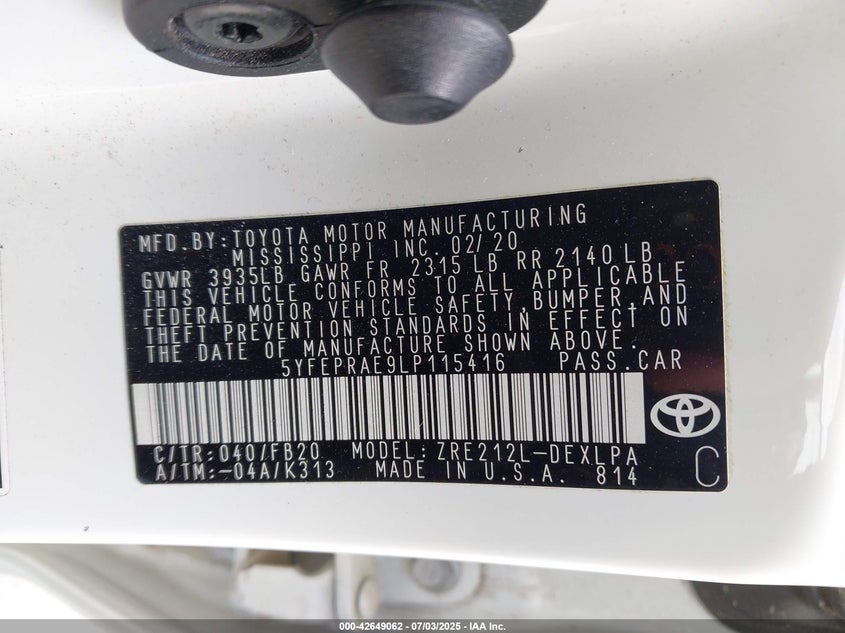 2020 Toyota Corolla Le VIN: 5YFEPRAE9LP115416 Lot: 42649062