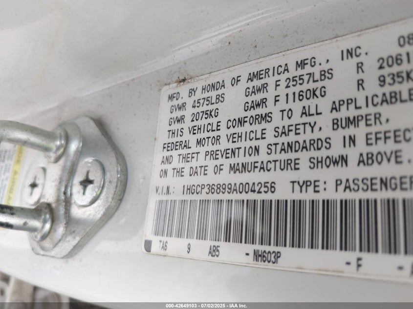 2009 HONDA ACCORD SDN VIN: 1HGCP36899A004256