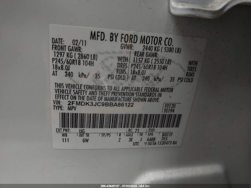 2011 Ford Edge Sel VIN: 2FMDK3JC9BBA86122 Lot: 42649157