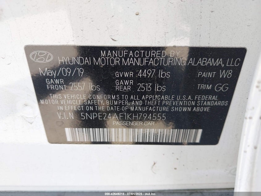 VIN 5NPE24AF1KH794555 2019 HYUNDAI SONATA SE