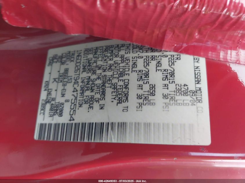 2004 Nissan Frontier Xe VIN: 1N6DD26T94C475554 Lot: 42649353