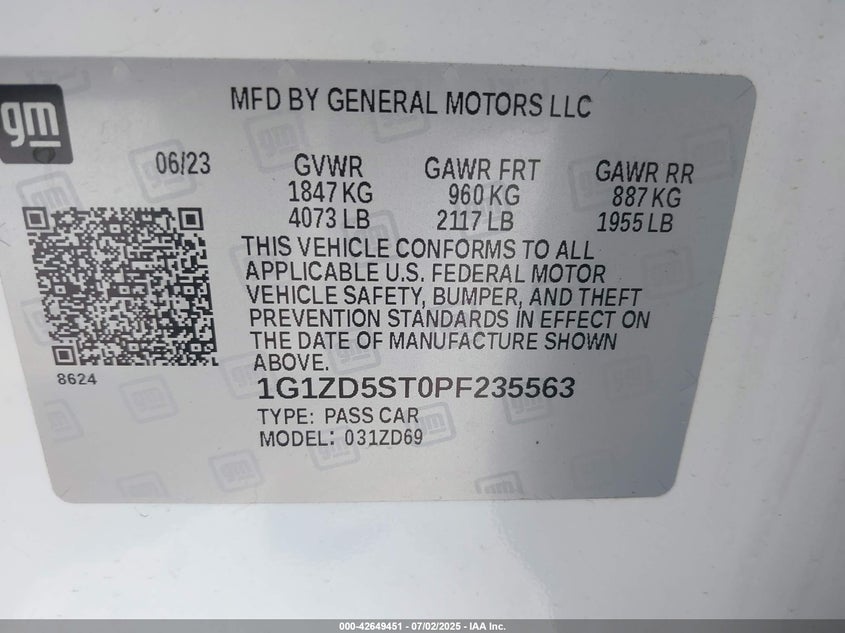 2023 CHEVROLET MALIBU VIN: 1G1ZD5ST0PF235563