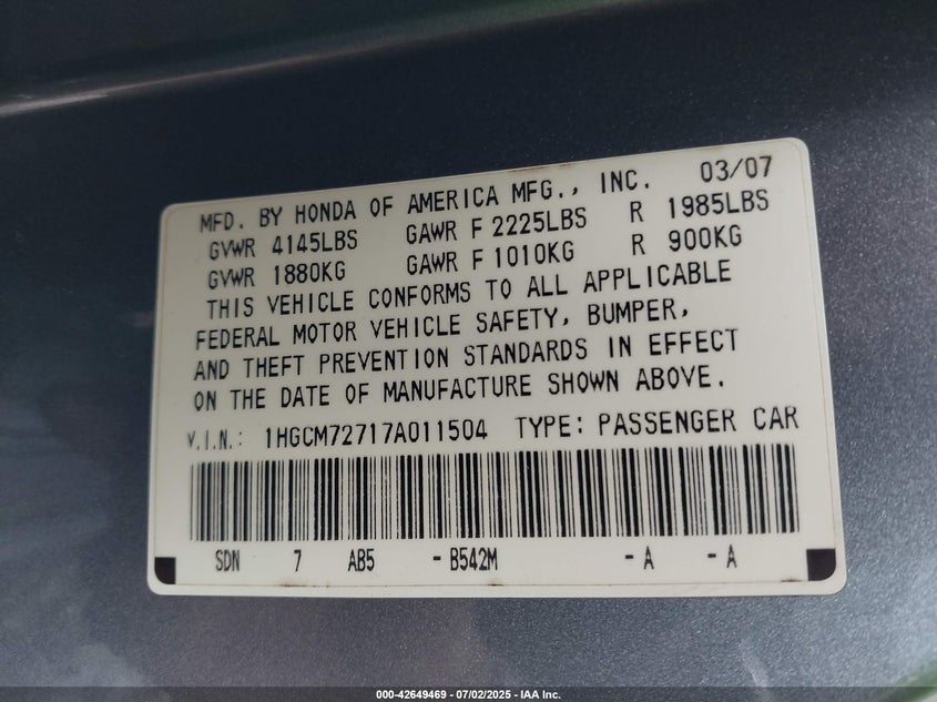 2007 Honda Accord 2.4 Ex VIN: 1HGCM72717A011504 Lot: 42649469