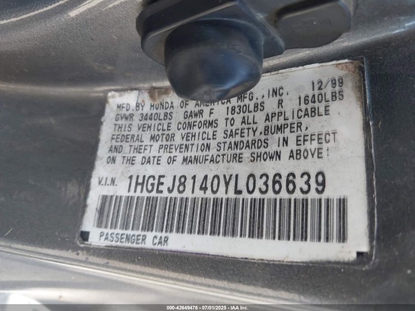 2000 Honda Civic Ex VIN: 1HGEJ8140YL036639 Lot: 42649476