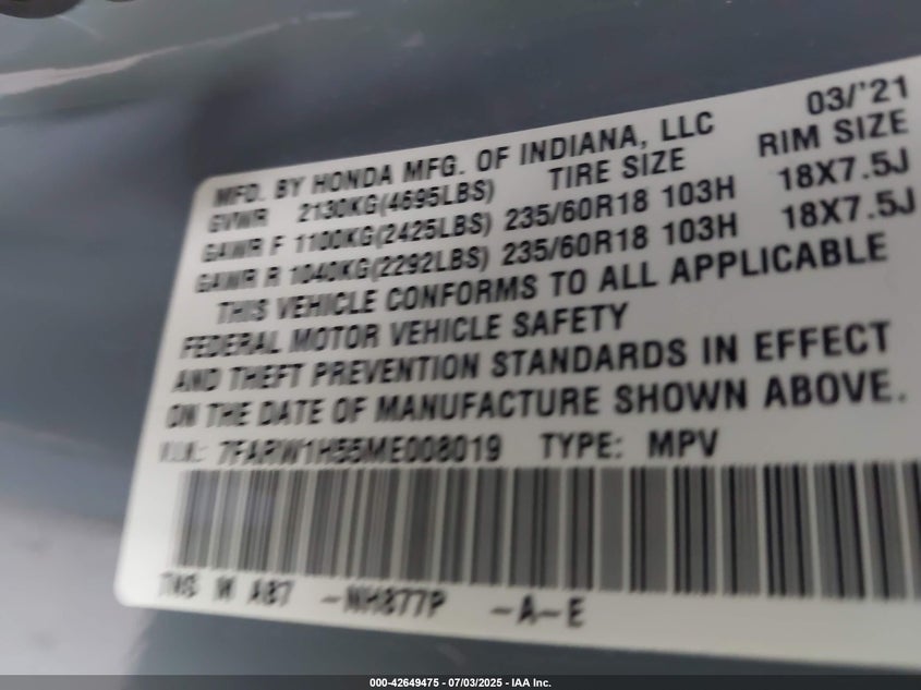 2021 HONDA CR-V 2WD EX - 7FARW1H55ME008019