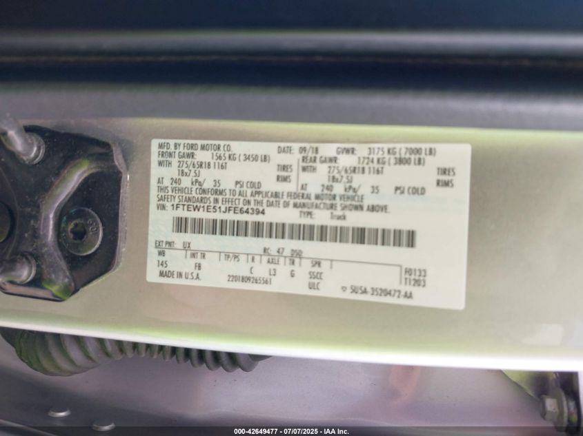 2018 Ford F-150 Xlt VIN: 1FTEW1E51JFE64394 Lot: 42649477