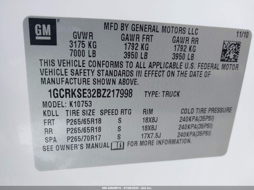 2011 Chevrolet Silverado 1500 Lt VIN: 1GCRKSE32BZ217998 Lot: 42649510