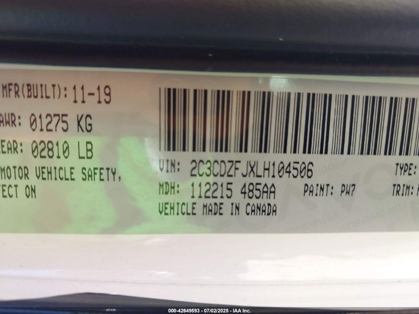 2020 Dodge Challenger R/T Scat Pack VIN: 2C3CDZFJXLH104506 Lot: 42649593