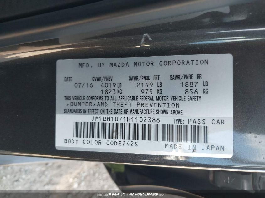 2017 Mazda 3 VIN: 1JM1BN1U7H1102386 Lot: 42649671