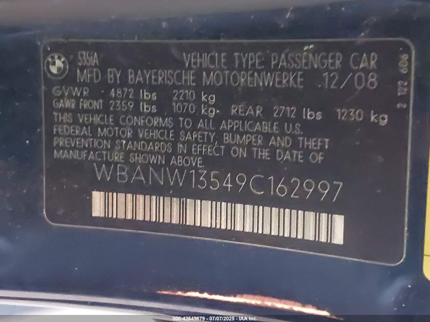 2009 BMW 535I VIN: WBANW13549C162997 Lot: 42649679