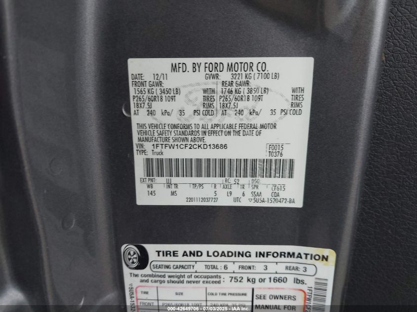 2012 Ford F-150 Xlt VIN: 1FTFW1CF2CKD13686 Lot: 42649706