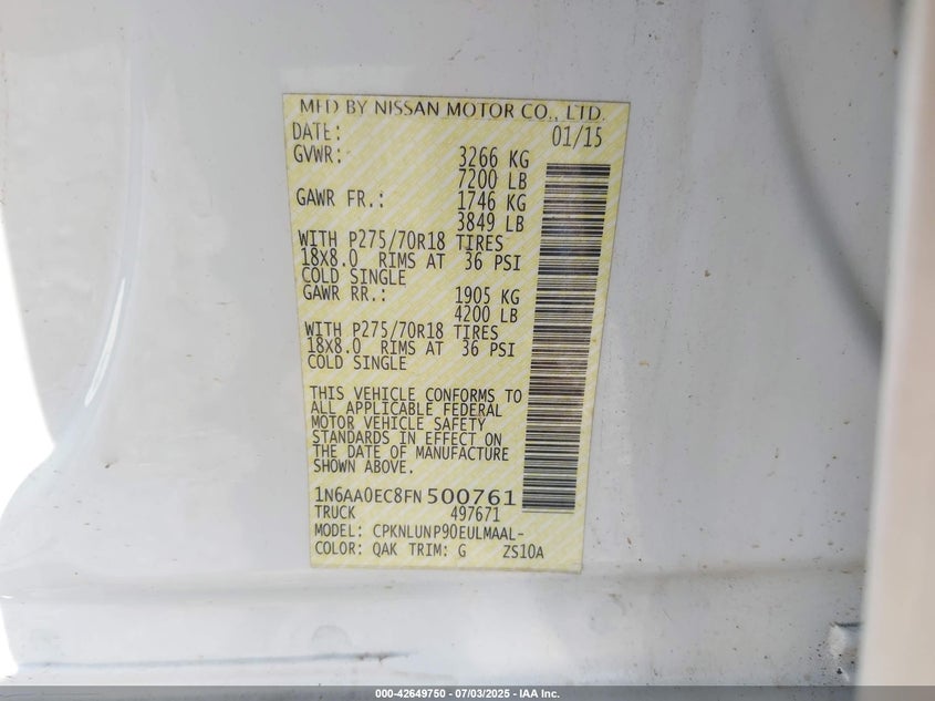 2015 NISSAN TITAN PRO-4X - 1N6AA0EC8FN500761