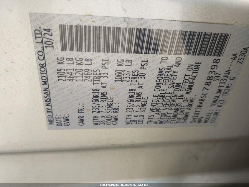 2025 NISSAN ROGUE SV FWD - 5N1BT3BA8SC788398