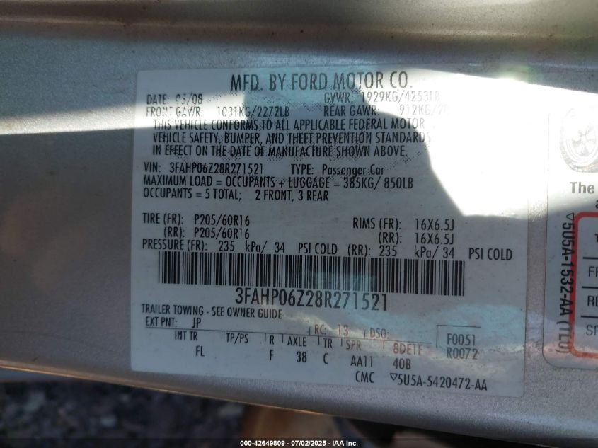 2008 Ford Fusion S VIN: 3FAHP06Z28R271521 Lot: 42649809