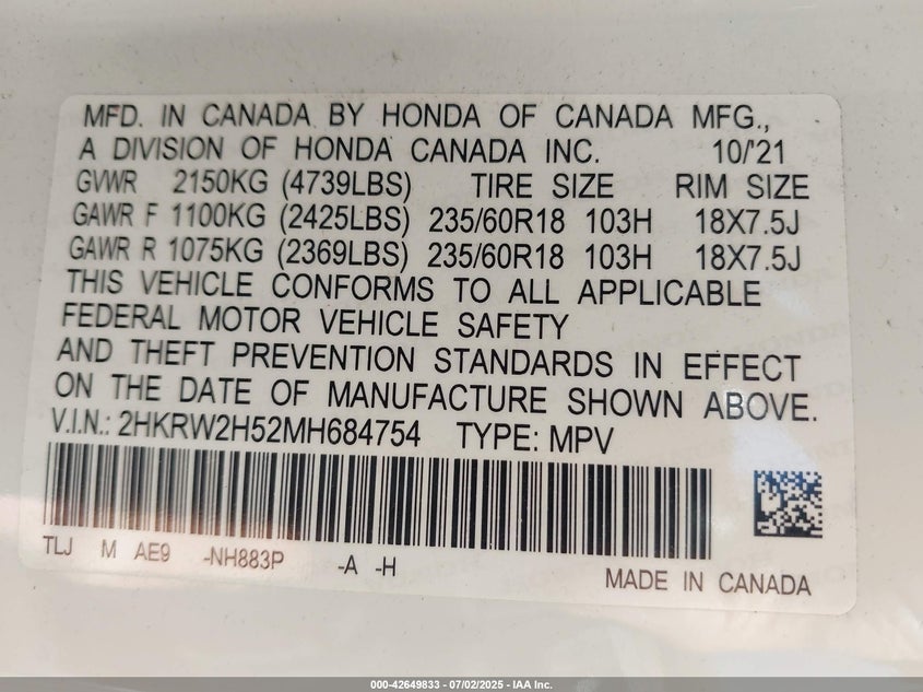 2021 HONDA CR-V VIN: 2HKRW2H52MH684754
