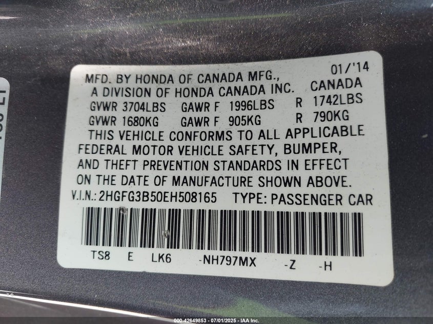 2014 HONDA CIVIC VIN: 2HGFG3B50EH508165