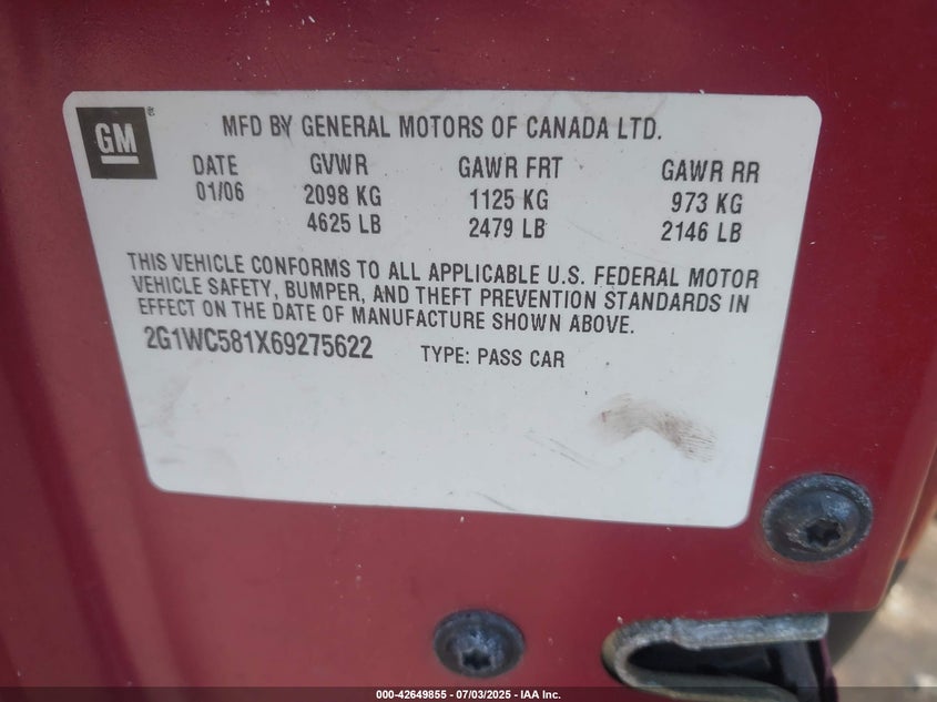 2006 CHEVROLET IMPALA VIN: 2G1WC581X69275622