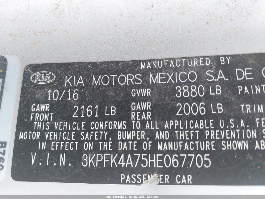 2017 Kia Forte Lx VIN: 3KPFK4A75HE067705 Lot: 42649873