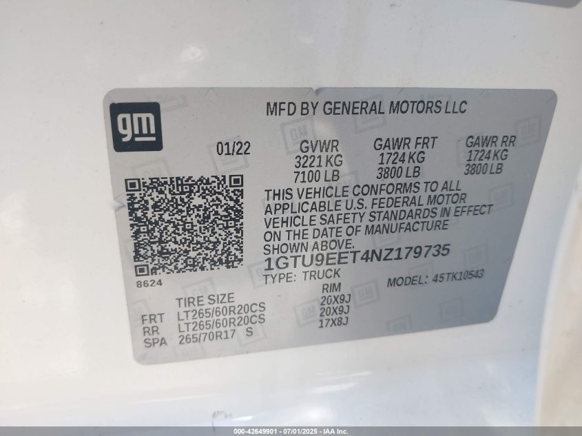 2022 GMC Sierra 1500 Limited 4Wd Short Box At4 VIN: 1GTU9EET4NZ179735 Lot: 42649901
