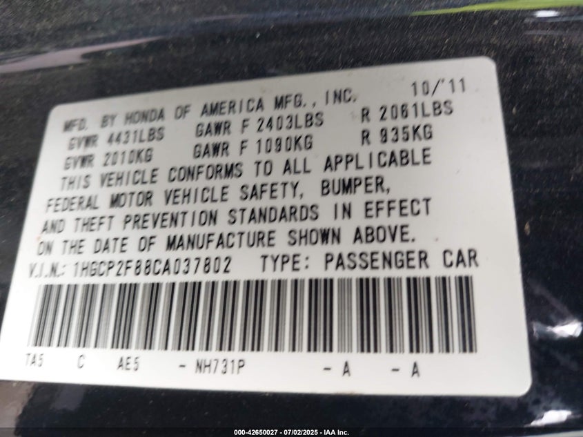 2012 Honda Accord 2.4 Ex-L VIN: 1HGCP2F88CA037802 Lot: 42650027