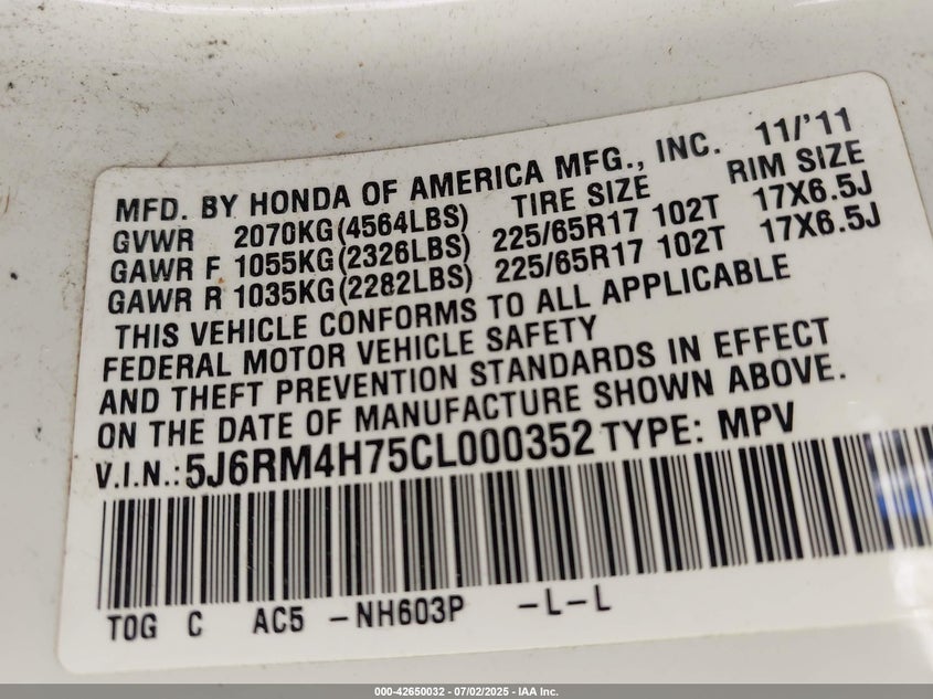2012 HONDA CR-V VIN: 5J6RM4H75CL000352
