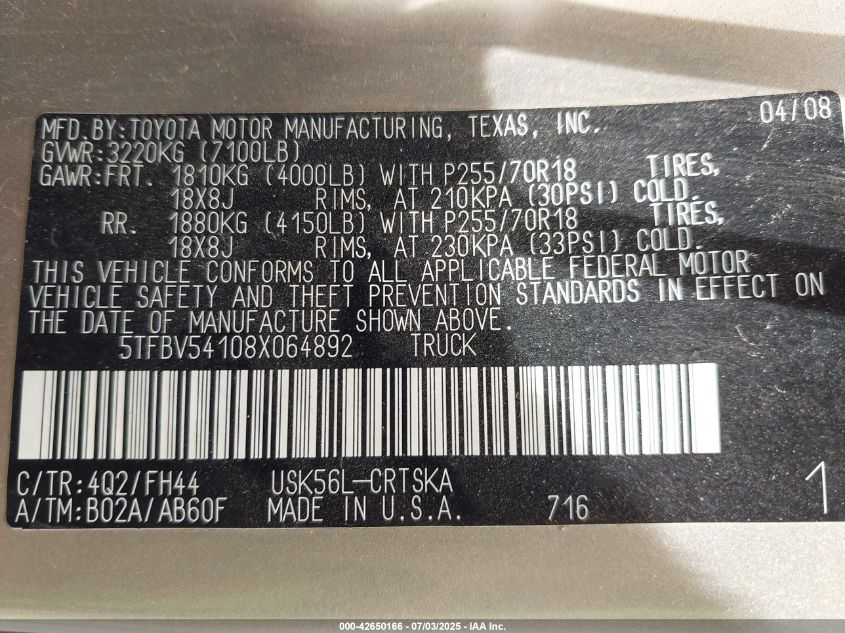 2008 Toyota Tundra Sr5 5.7L V8 VIN: 5TFBV54108X064892 Lot: 42650166