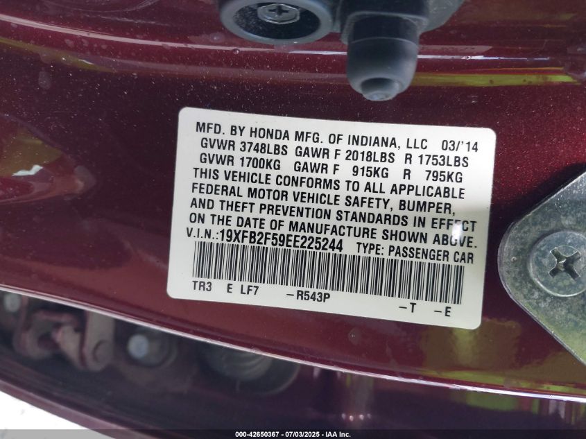 2014 Honda Civic Lx VIN: 19XFB2F59EE225244 Lot: 42650367