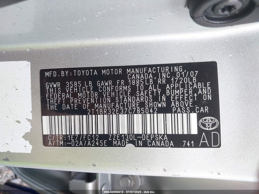 2007 Toyota Corolla Ce/Le/S VIN: 2T1BR32E37T785042 Lot: 42650410
