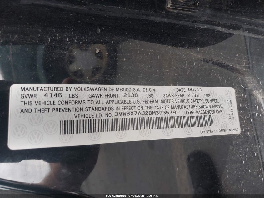 2011 VOLKSWAGEN JETTA VIN: 3VWBX7AJ2BM393579
