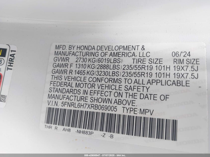 VIN 5FNRL6H7XRB069005 2024 HONDA ODYSSEY SPORT