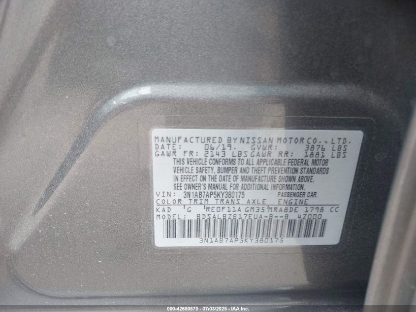 2019 Nissan Sentra S VIN: 3N1AB7AP5KY380175 Lot: 42650570