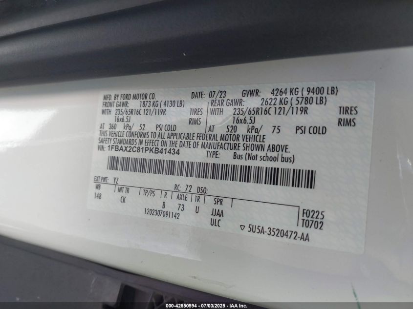 2023 Ford Transit-350 Passenger Van Xlt VIN: 1FBAX2C81PKB41434 Lot: 42650594