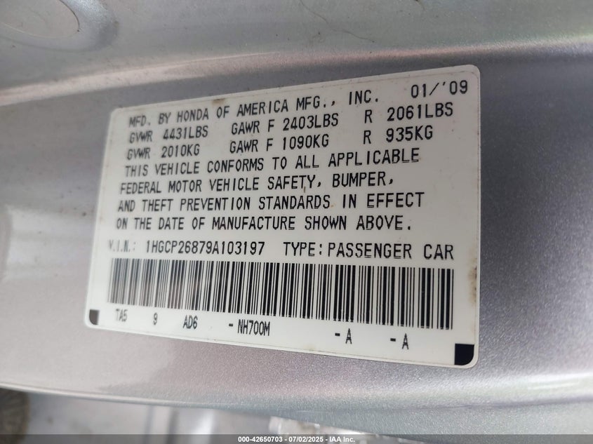 2009 HONDA ACCORD VIN: 1HGCP26879A103197