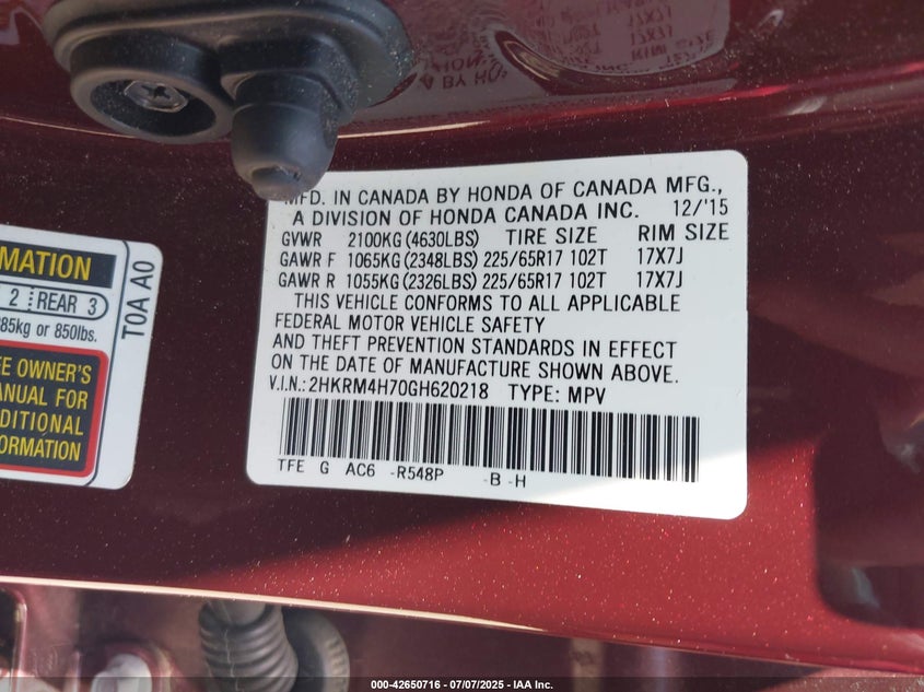 2016 HONDA CR-V EX-L - 2HKRM4H70GH620218