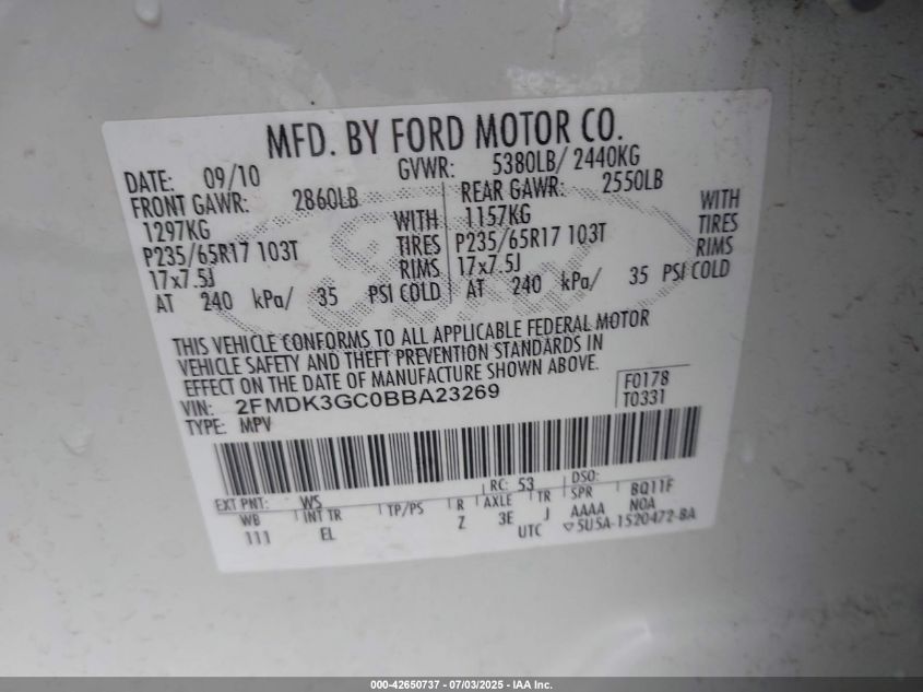 2011 Ford Edge Se VIN: 2FMDK3GC0BBA23269 Lot: 42650737