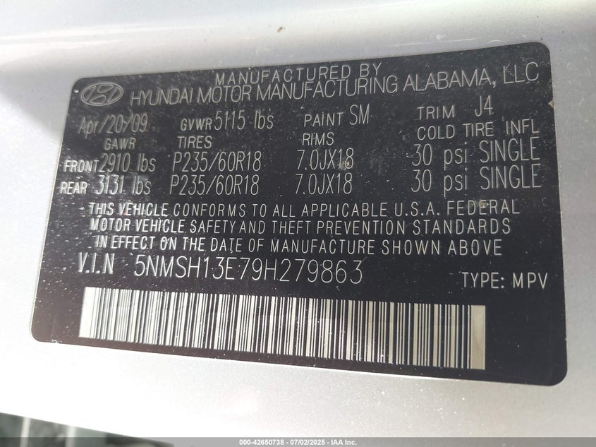 2009 Hyundai Santa Fe Se VIN: 5NMSH13E79H279863 Lot: 42650738
