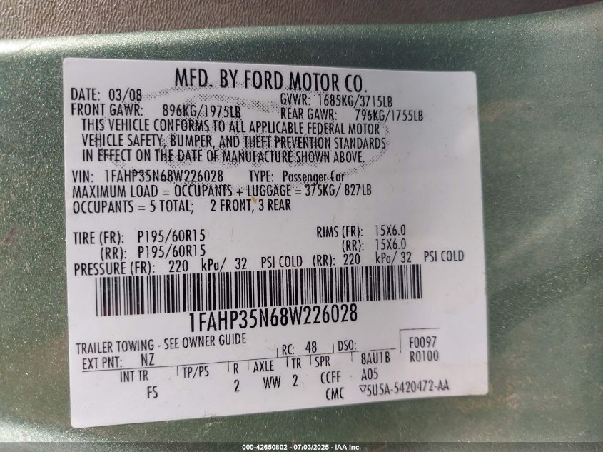 2008 Ford Focus Se/Ses VIN: 1FAHP35N68W226028 Lot: 42650802