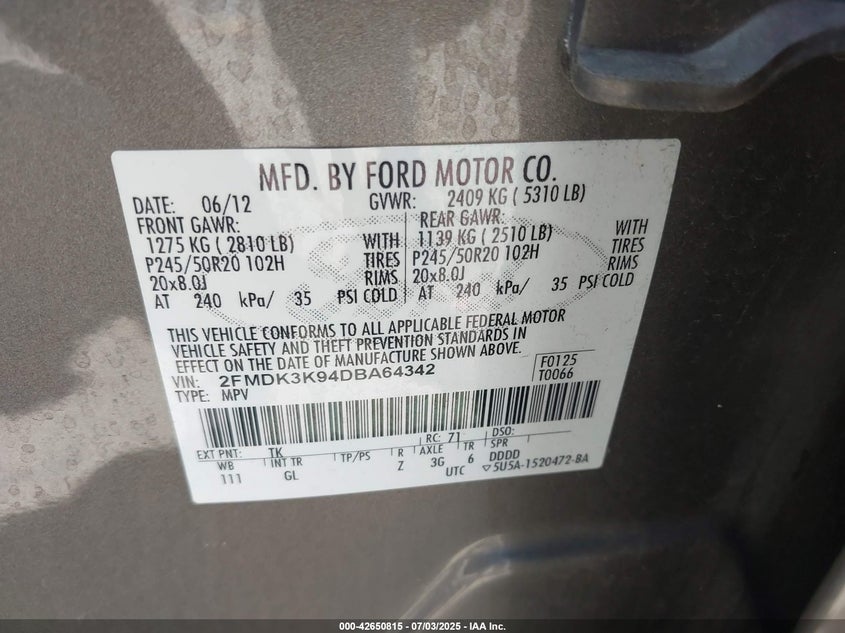 2013 FORD EDGE VIN: 2FMDK3K94DBA64342